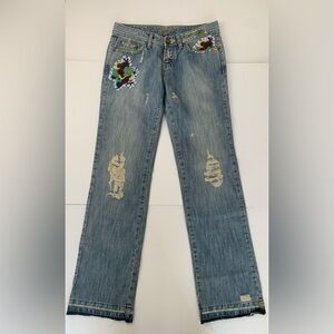 Two Generation Embroidered Distressed Blue Jeans